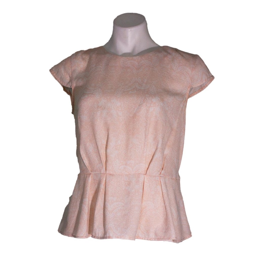 H&M Pink & White Short Sleeve Patterned Peplum Blouse sz 8